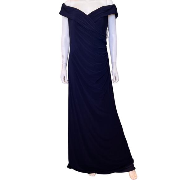 NEW LA FEMME Navy V-Neck Off The Shoulder Maxi Dress Size 12 - Picture 1 of 6